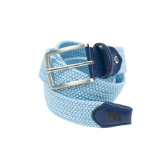 A light blue braided golf belt with a metal buckle and leather strap detail.