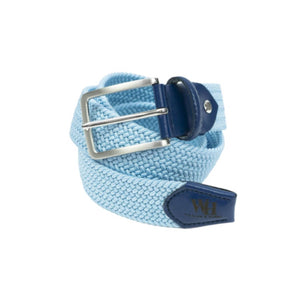 A light blue braided golf belt with a metal buckle and leather strap detail.