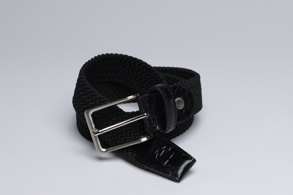 Braided Fabric Stretch Belts with Alligator End Caps - Black