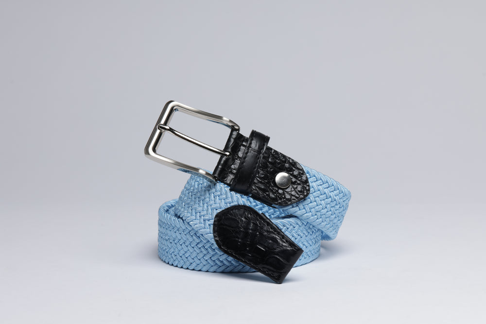 Braided Fabric Stretch Belts with Alligator End Caps - Baby Blue