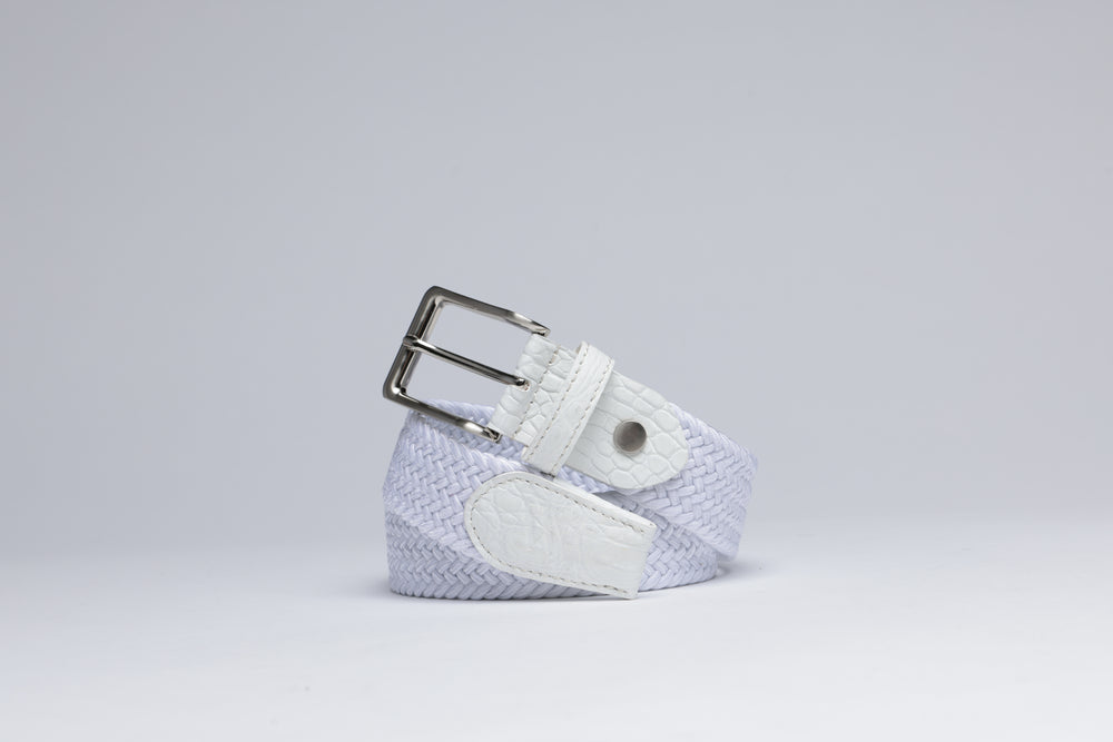 Braided Fabric Stretch Belts with Alligator End Caps - White
