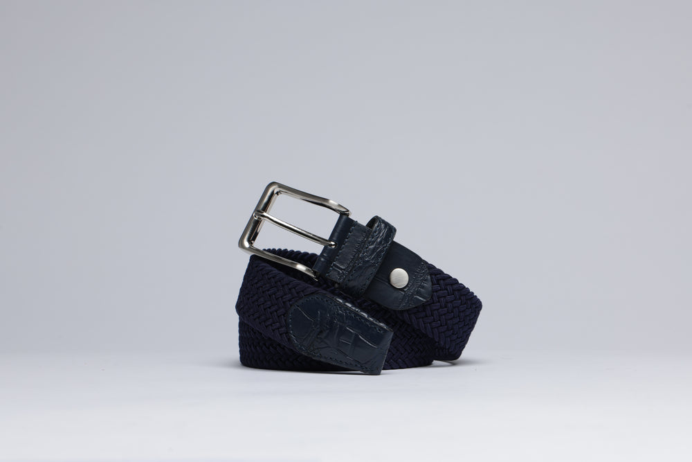 Braided Fabric Stretch Belts with Alligator End Caps - Navy