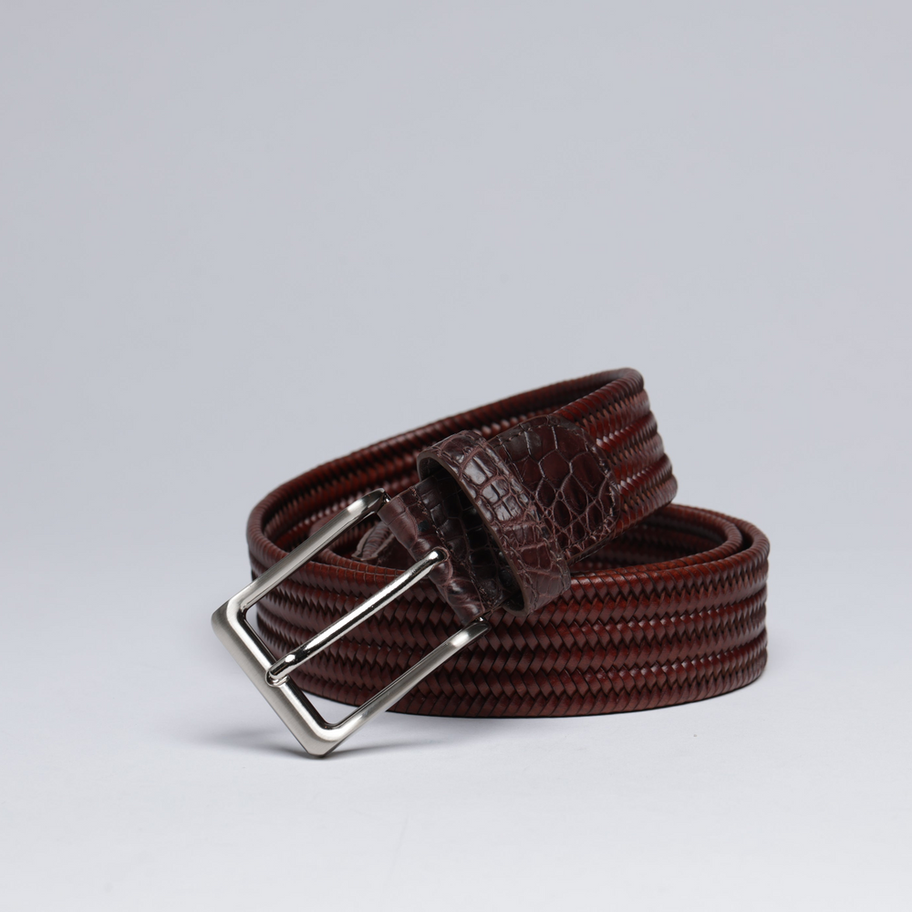 Leather Woven Belts with Alligator End Caps - Brown