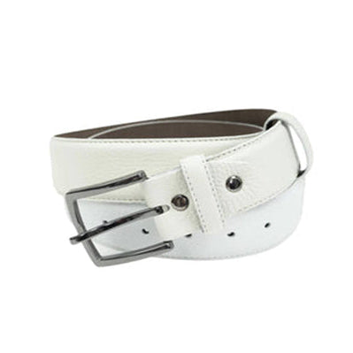A white deerskin leather golf belt with a metallic buckle, displayed against a plain background.