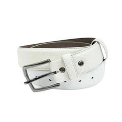A white deerskin leather golf belt with a metallic buckle, displayed against a plain background.