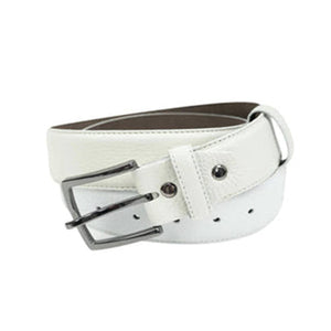 A white deerskin leather golf belt with a metallic buckle, displayed against a plain background.