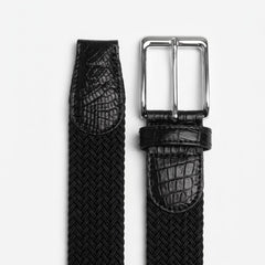 Braided Fabric Stretch Belts with Alligator End Caps - Black