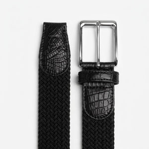 Braided Fabric Stretch Belts with Alligator End Caps - Black