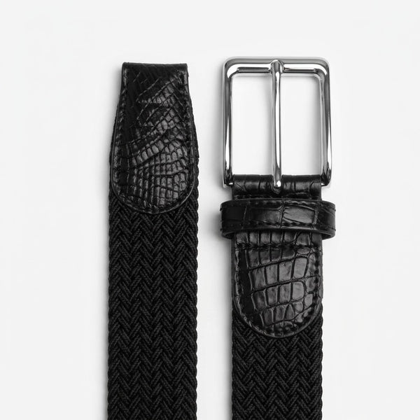 Braided Fabric Stretch Belts with Alligator End Caps - Black