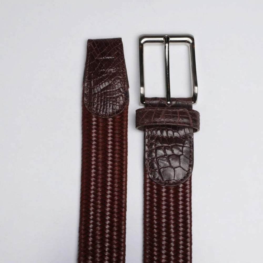 Leather Woven Belts with Alligator End Caps - Brown