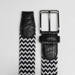 Braided Fabric Stretch Belts with Alligator End Caps - Black & White