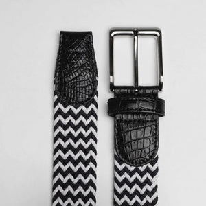 Braided Fabric Stretch Belts with Alligator End Caps - Black & White