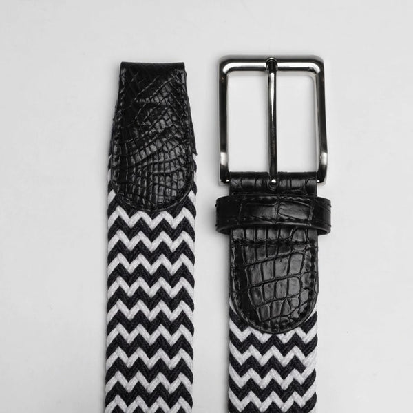 Braided Fabric Stretch Belts with Alligator End Caps - Black & White