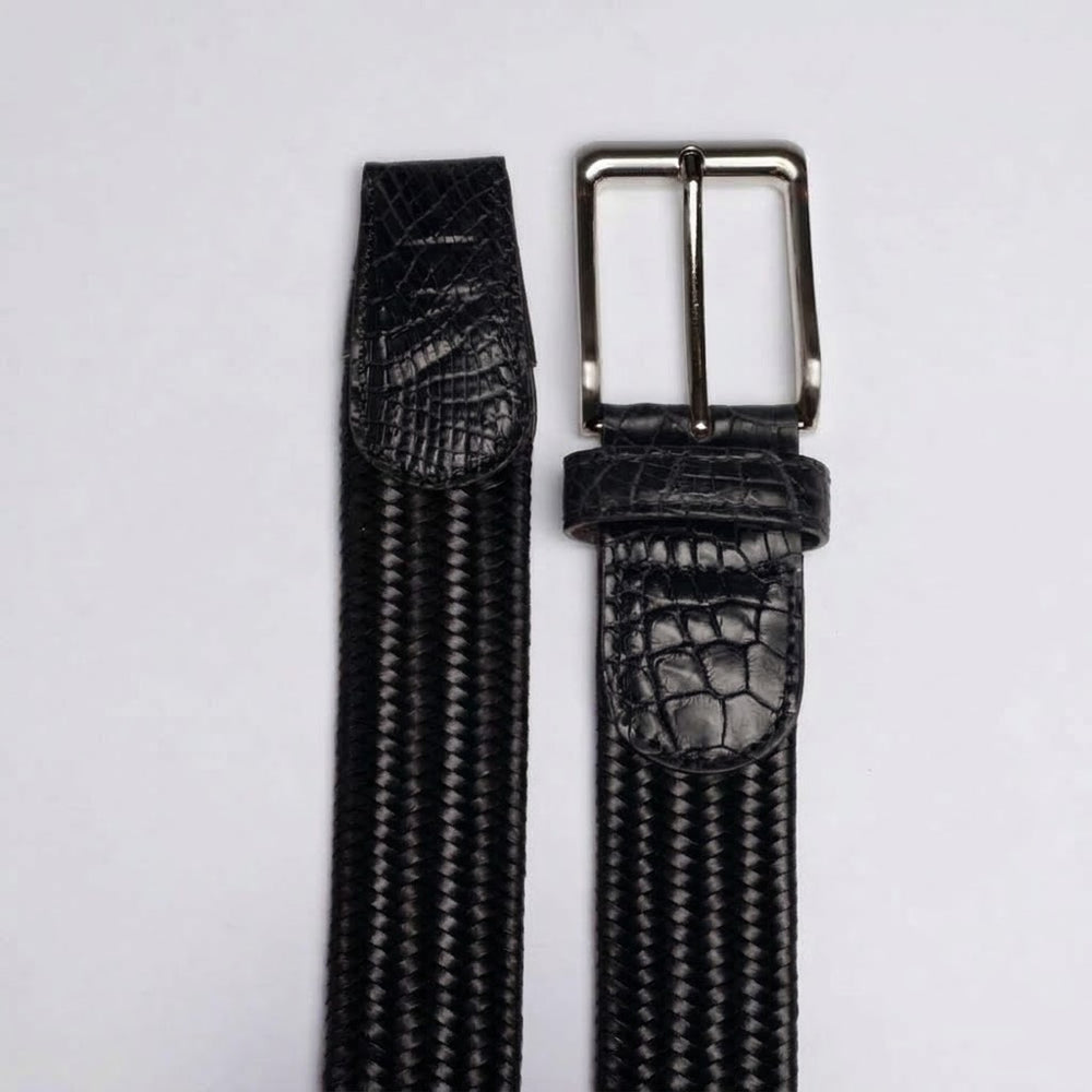 Leather Woven Belts with Alligator End Caps - Black