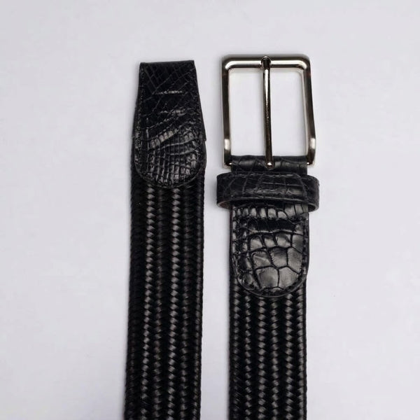 Leather Woven Belts with Alligator End Caps - Black