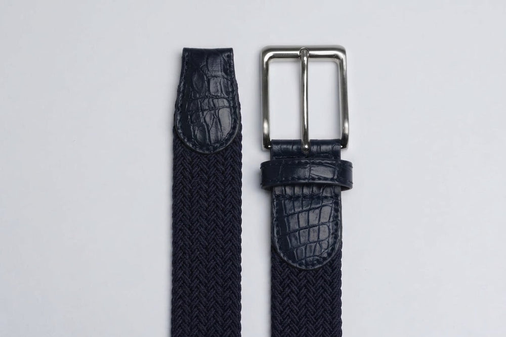 Braided Fabric Stretch Belts with Alligator End Caps - Navy