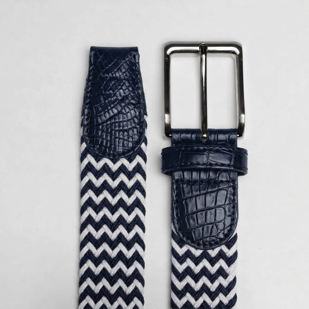 Braided Fabric Stretch Belts with Alligator End Caps - Navy & White