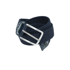 A blue braided micro stripe stretch golf belt with a metal buckle and leather detailing.