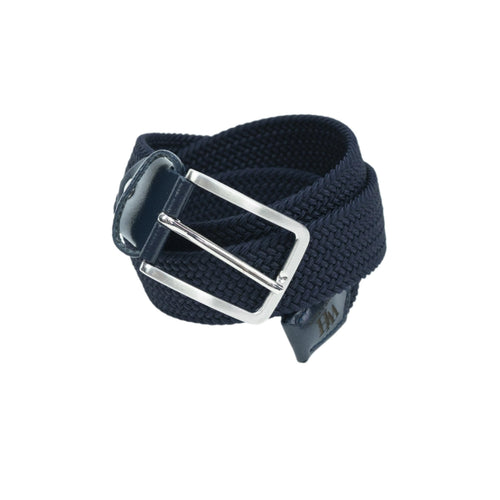 A blue braided micro stripe stretch golf belt with a metal buckle and leather detailing.