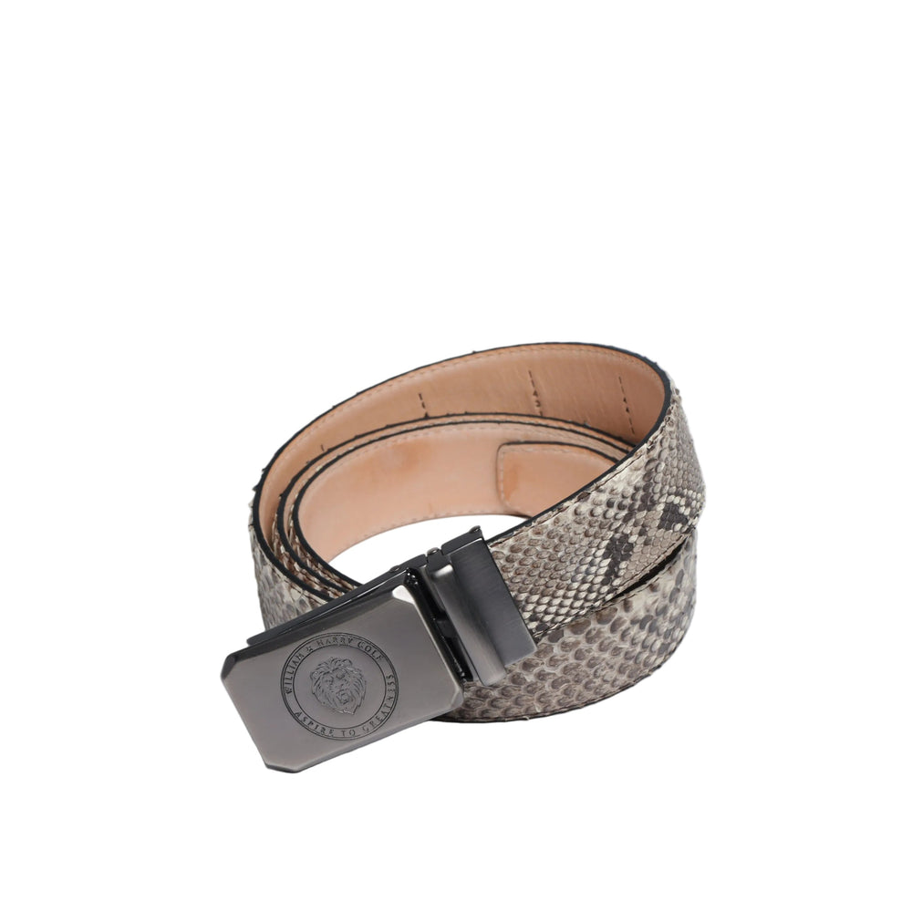 Snakeskin-patterned belt coiled on a white background